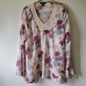 About A Girl Floral Lace Inserts Large Long Sleeve V Neck Sheer Blouse Cottage